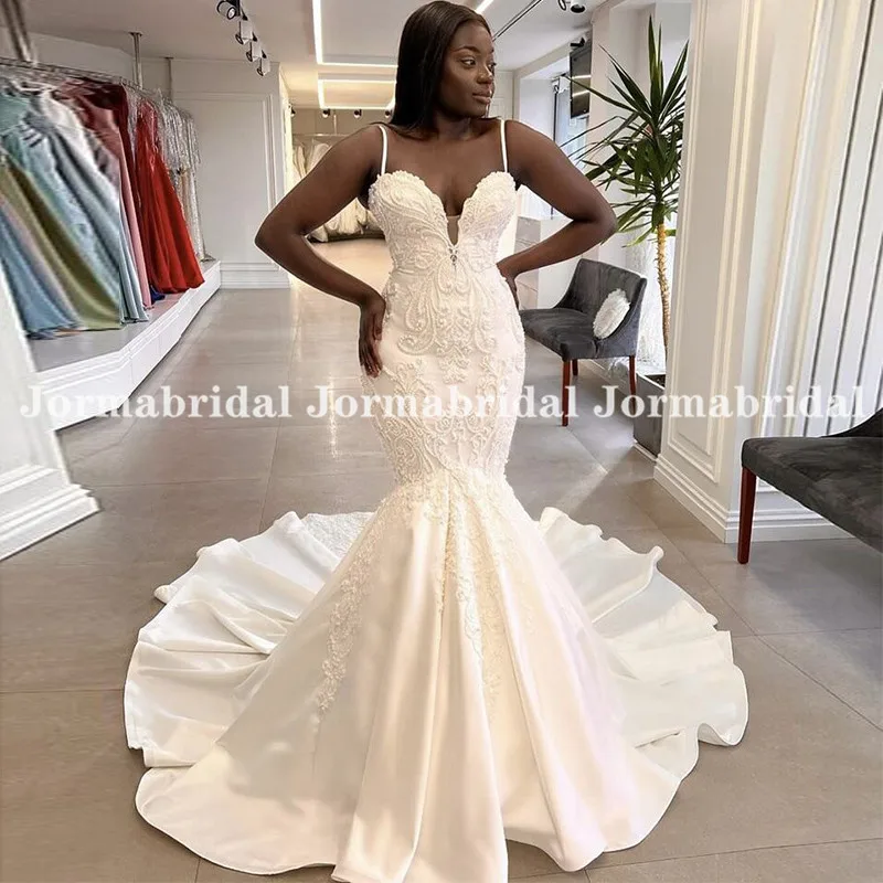 Vestidos de novia africanos de sirena de lujo para mujer, vestidos de novia formales con encaje bordado con cuentas Vintage y tirantes finos, hechos a medida, 2022