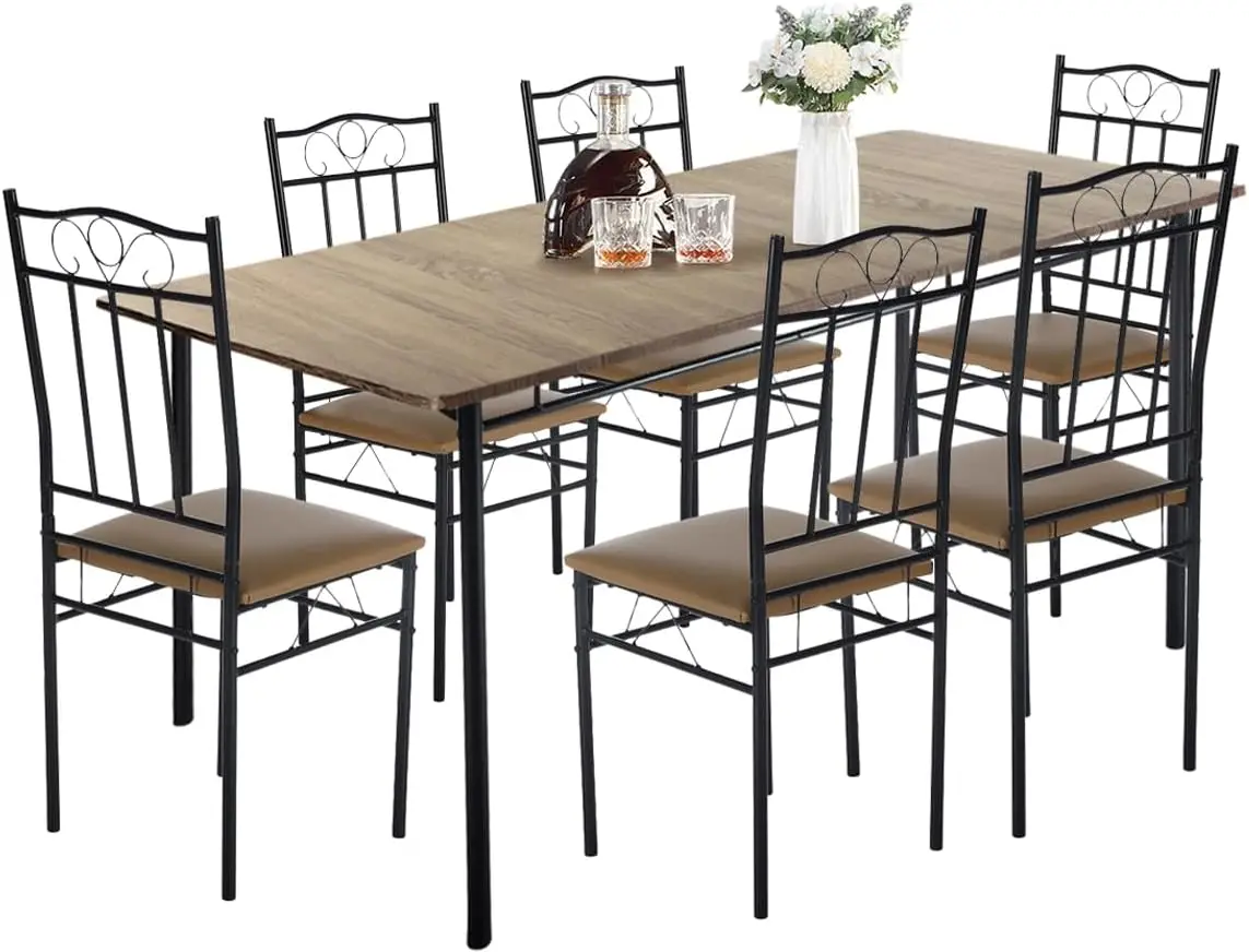 Dining Table Set for 6, Rectangular Dining Room Table Set with 6 PU Leather Chairs, Kitchen Table and Chairs for 4-6 People, 7 P