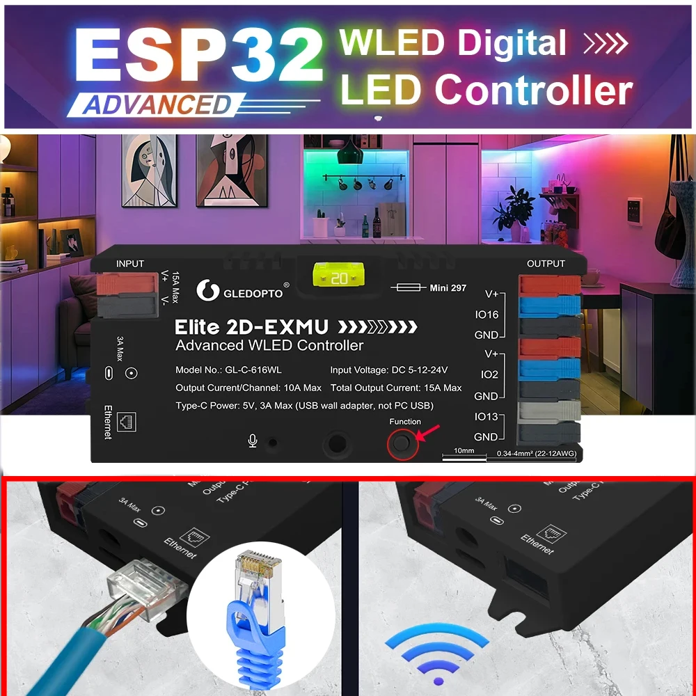 

GLEDOPTO Elite Advanced ESP32 WLED LED Controller 20A Music Sound Reactivity and Energy-Saving Relay