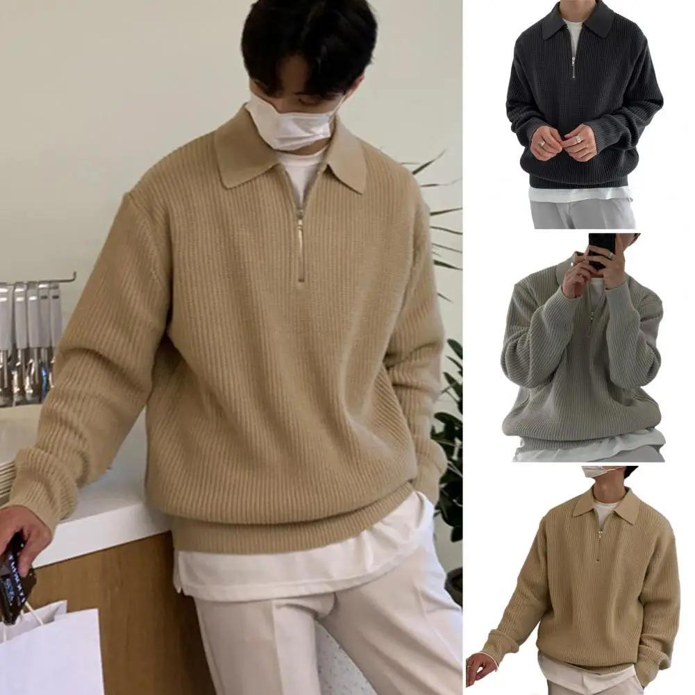 Men Pullover Top Men's Half Zipper Sweater with Turn-down Collar Solid Color Knitwear for Fall Winter Daily Wear Work Stylish