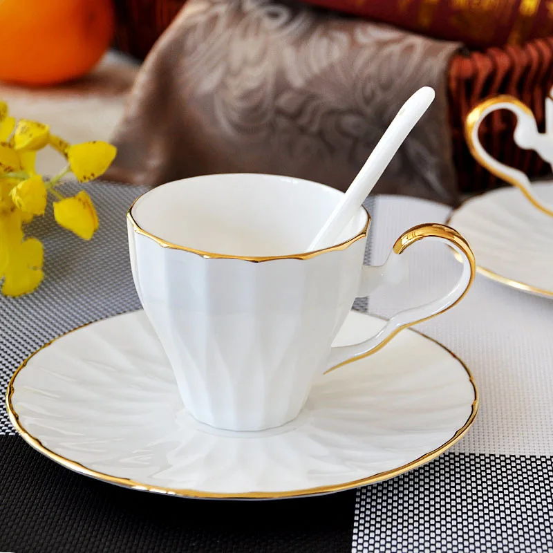 Gilded Border Bone Porcelain Coffee Cup And Dish Set European Black Tea Cup Ceramic Cup Plate Relief Coffee Cup Creative Gift