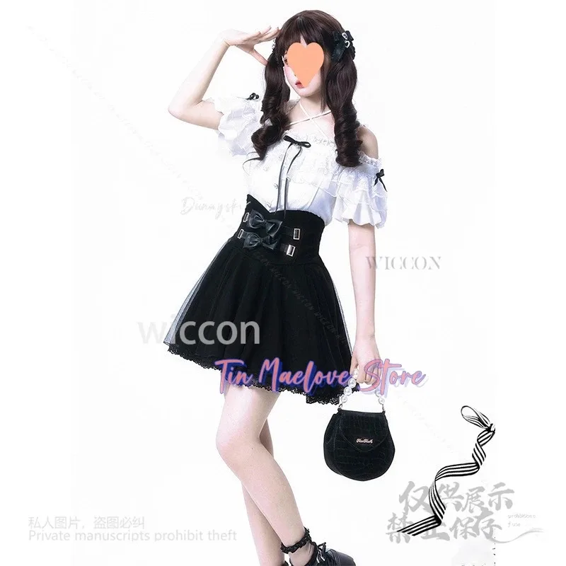 

7d@Y2K Jirai Kei Gothic Lolita Set Black White Lace Cosplay Top Skirt Dark Academia Daily Halloween Kawaii Japanese Subculture 7