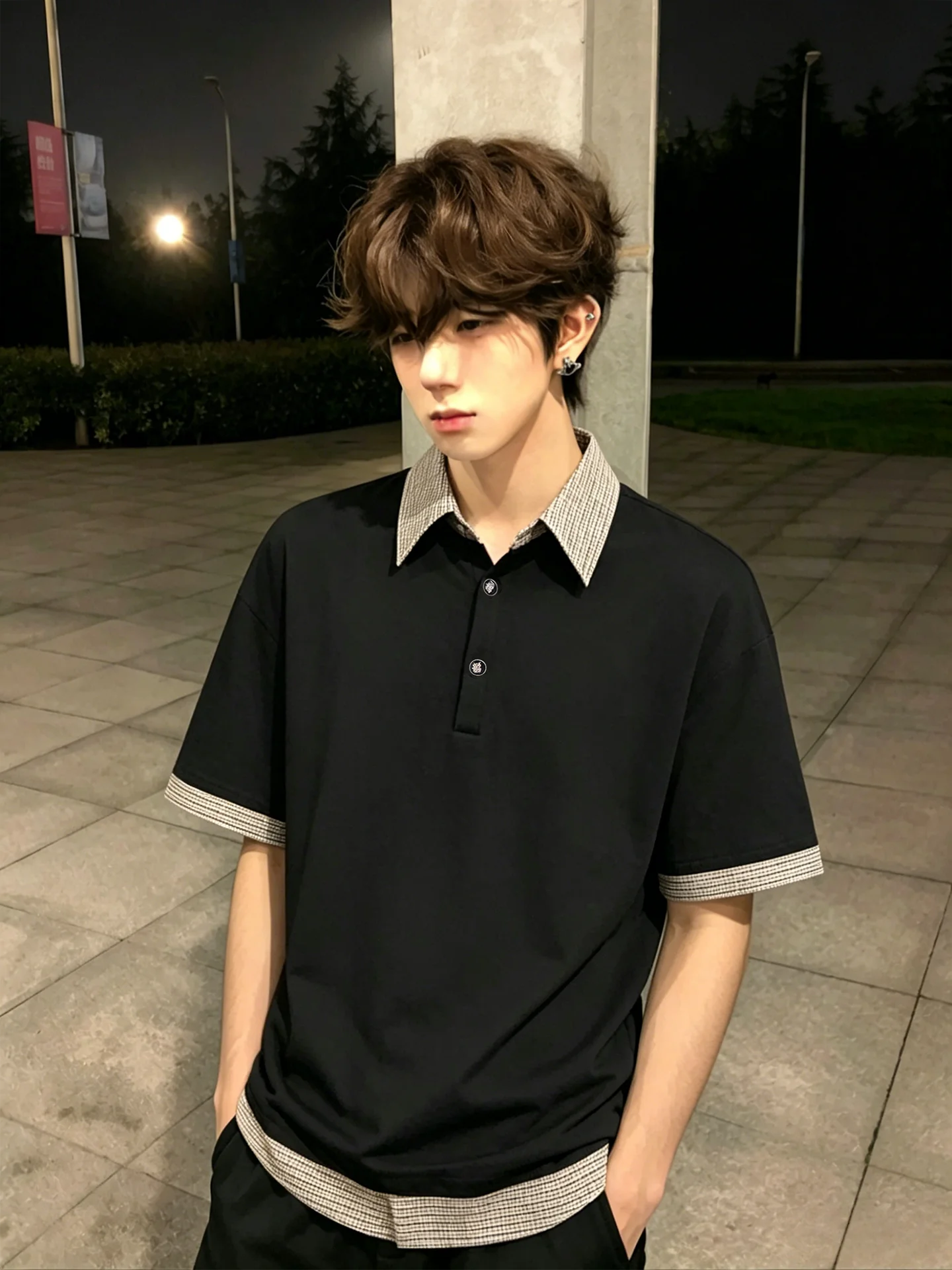 Preppy Style  Shirt Short Sleeve Fake Two-Piece Design Summer Casual Fashion for Men Bird's Eye Pattern Half Sleeve T-Shirt