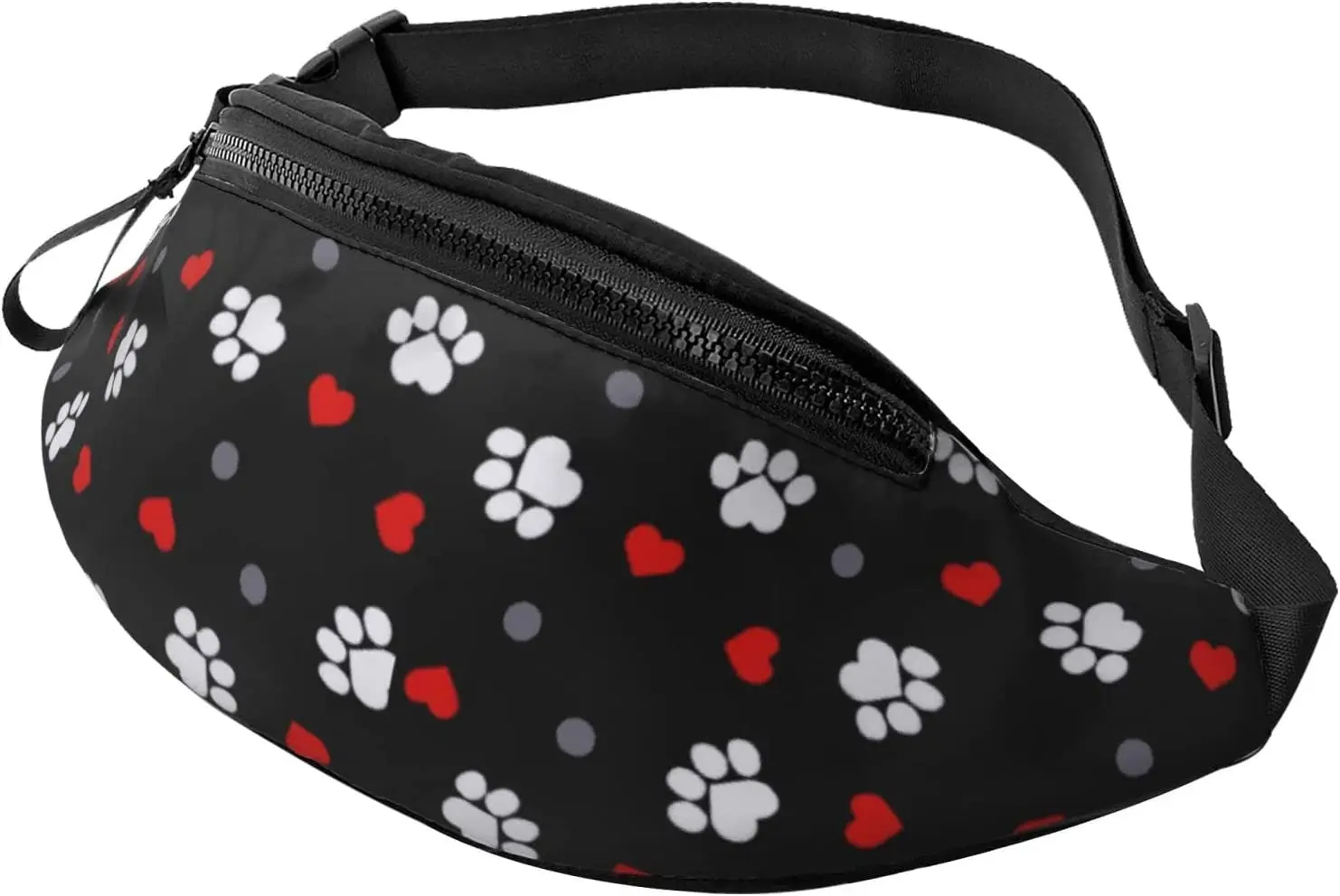 

Paw Prints and Hearts on Black Fanny Pack for Men Women Waist Packs with Adjustable Belt Casual Bag for Travel Sports Running