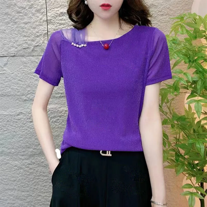 

Fashion Skew Collar Gauze Diamonds Bright Silk Blouses Women's Clothing 2025 Summer New Loose Office Lady Tops Korean Shirts