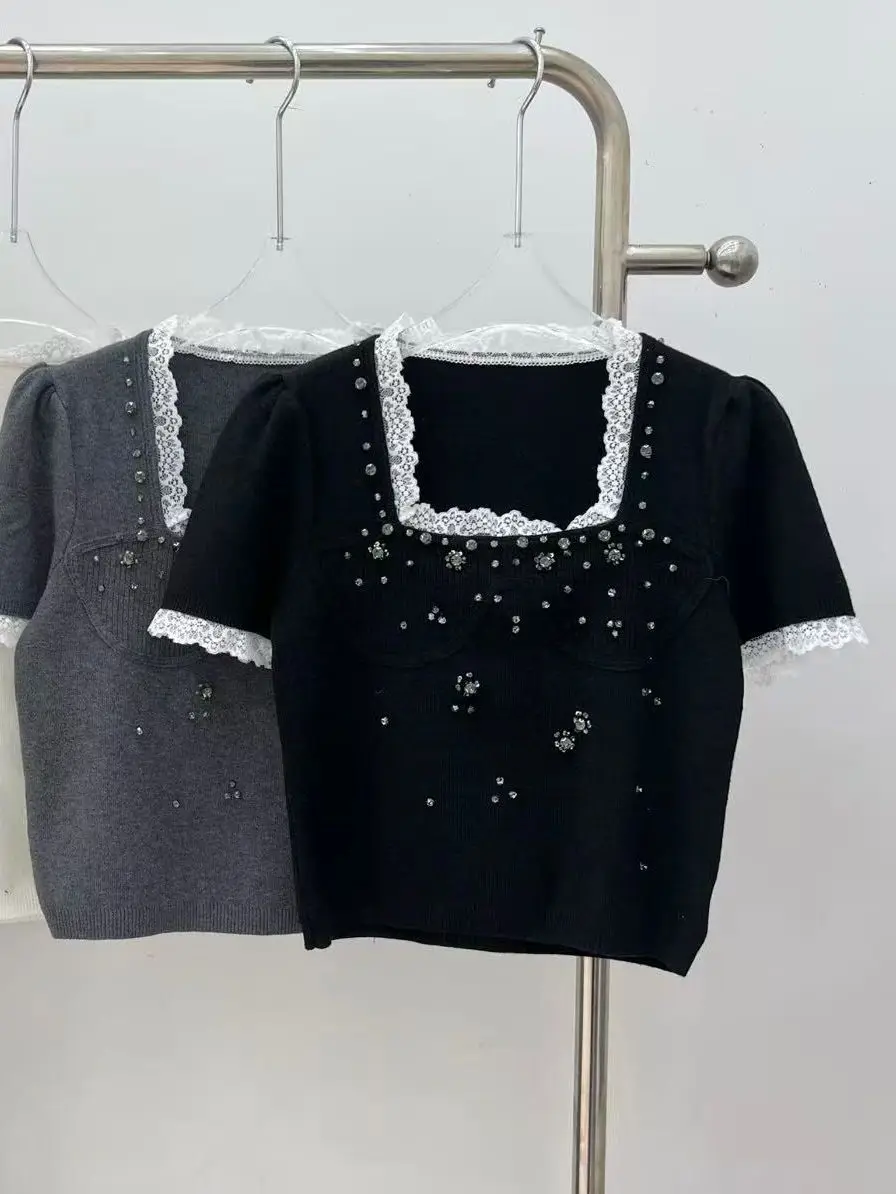

High-End Lace Trimmed Square Collar Handmade Beaded Short Sleeve Knitted Top Women's Slim Fit Overhead European Style