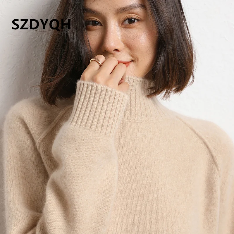 2023 Hot Sale Autumn Winter Women\'s 100% Cashmere Sweater Half High Collar Pullover Female Loose Large Size Thicken Knit Jumper