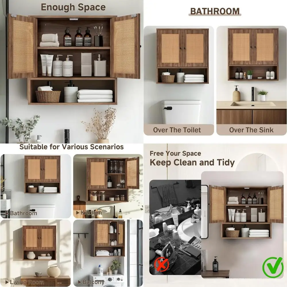 

Rattan 3-Tier Wall Cabinet for Bathroom Storage, Over Toilet Shelving, Boho Decor, 23.23x7.68x24