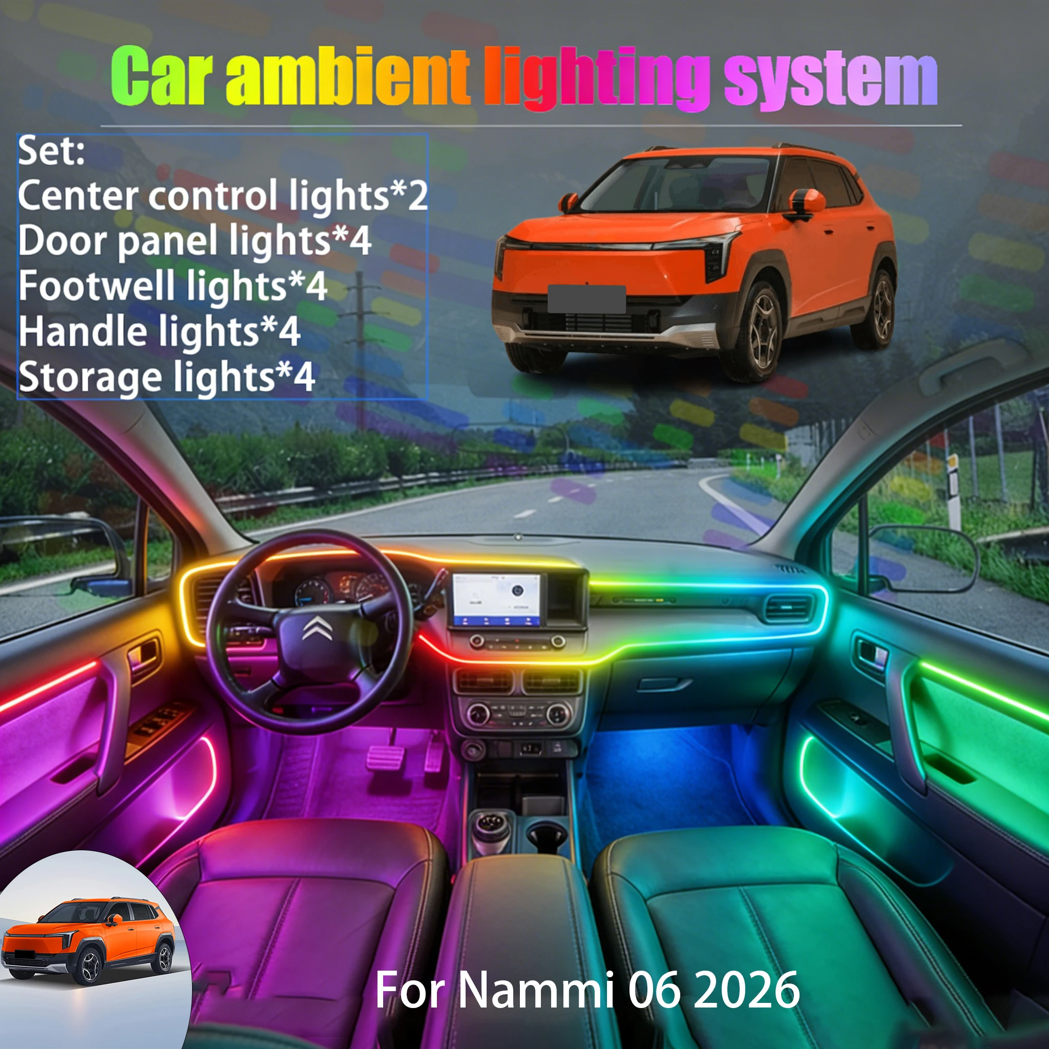

For Nammi 06 2026 2/18 in 1 Car ambient lighting Led trunk interior led lights USB RGB Ensemble Streamer Auto Parts Accessories