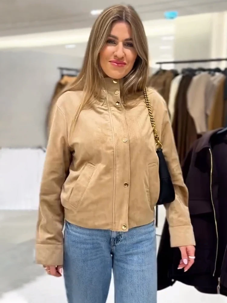 

HH женская мода однобортная молния карман украшения повседневная короткая куртка женская уличнаяweer высокий воротник пальто с длинными рукавами