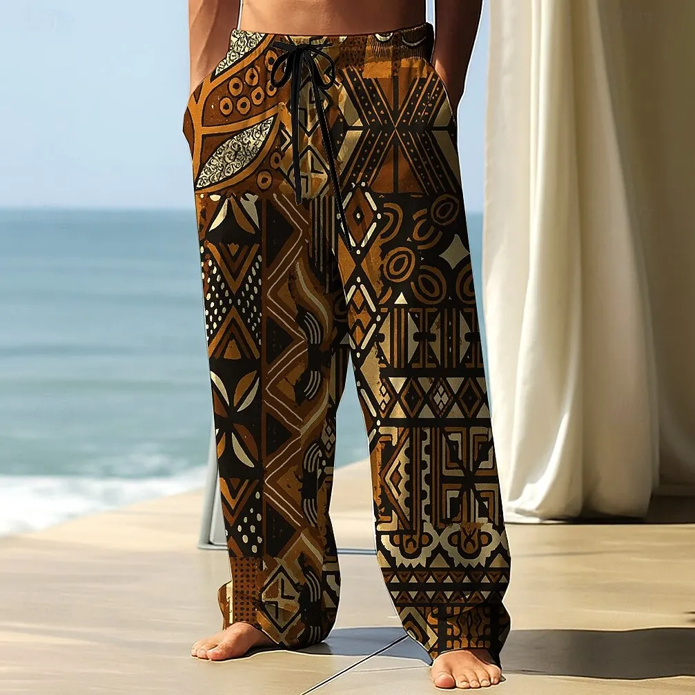 2026 Fall Men's Geometric Ethnic Pants Trousers Mid Waist Drawstring Elastic Waist Casual Outdoor Wide-leg Trousers For Mens