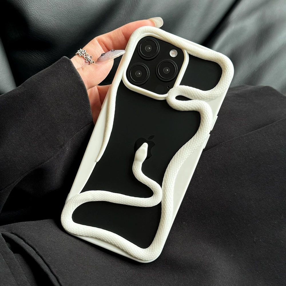 Cool 3D Snake Hollow Dissipate Heat Phone Case For iPhone 16 15 14 13 12 11 Pro Max Luxury White Shockproof Soft Silicone Cover