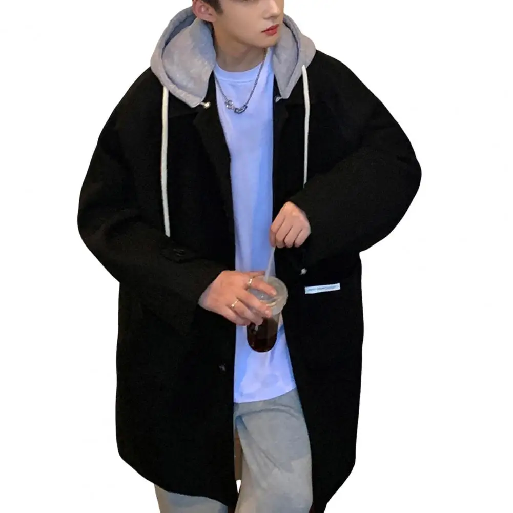 Men Woolen Coat Hooded Drawstring Long Sleeve Single Breasted Jacket Coat With Large Pockets Long Windbreaker