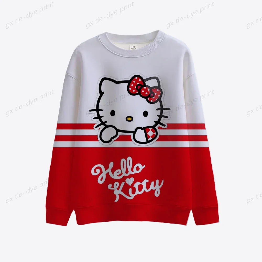 Japan Anime Hello Kitty Printed Womens Fall Clothing Long Sleeve Cartoon Casual Crewneck Sweatshirt Casual Pullover Blouse Tops