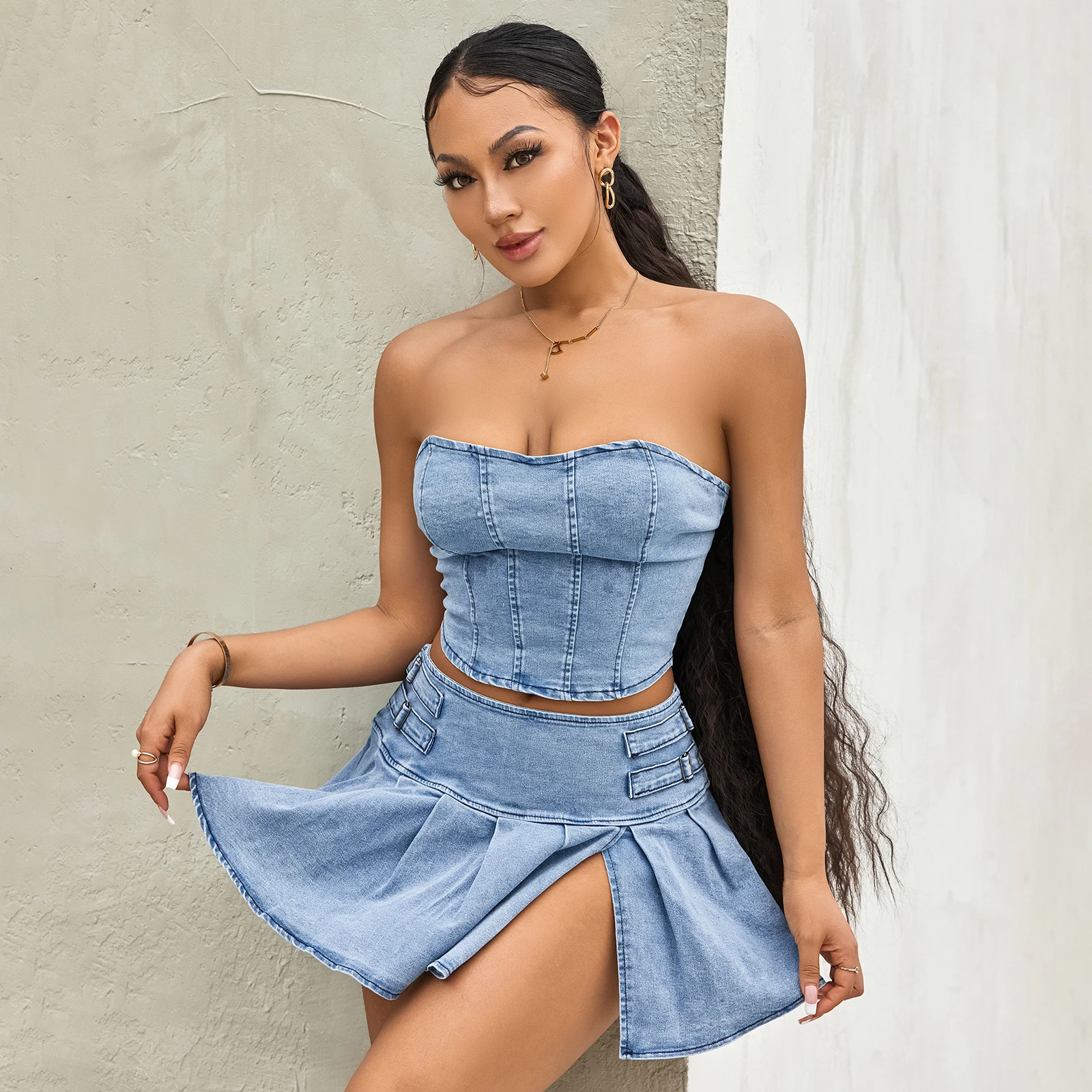 hirigin Women Sexy 2Piece Denim Skirts Sets y2k Sleeveless Backless Low Cut Bandeau Pleated Flowy Mini Skirts Summer Clubwear