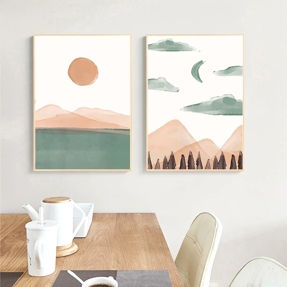 Frameless canvas paintings,Green Mountain Sea Leaves Sun Geometry Wall Art Canvas Painting Abstract Lines Posters And Prints Pic