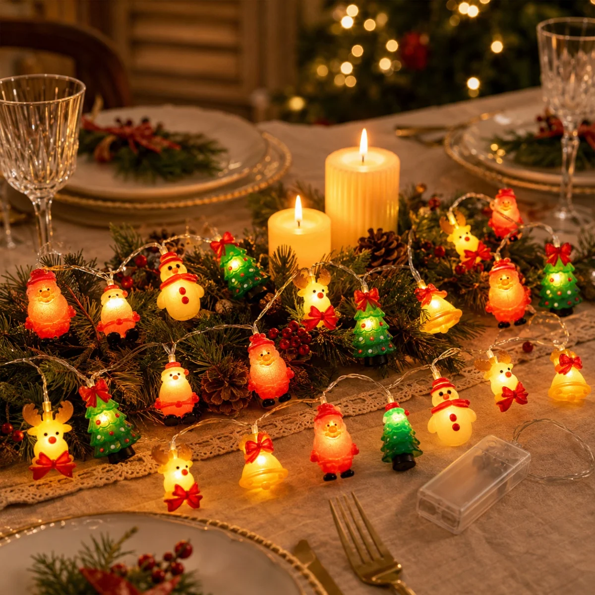1pcs Christmas Mixed 10/20LED String Lights Santa Snowman Reindeer Tree Bell Battery Powered Fairy Light For Home Indoor Decor