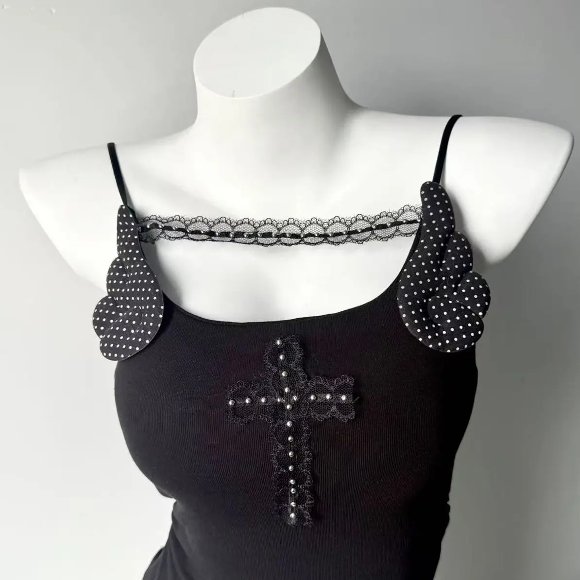 Dot-patterned wings lace studs cross-shaped belt strapless top retro trendy fashion original street style vintage high street