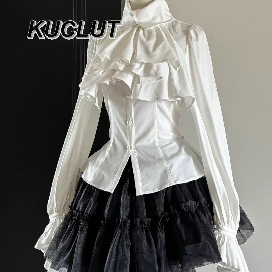Women's Tops Spring Autumn Solid Color Fashion Vintage Elegant Blouse Female Lolita Gothic Style Ruffle Edge Long Sleeve Shirt