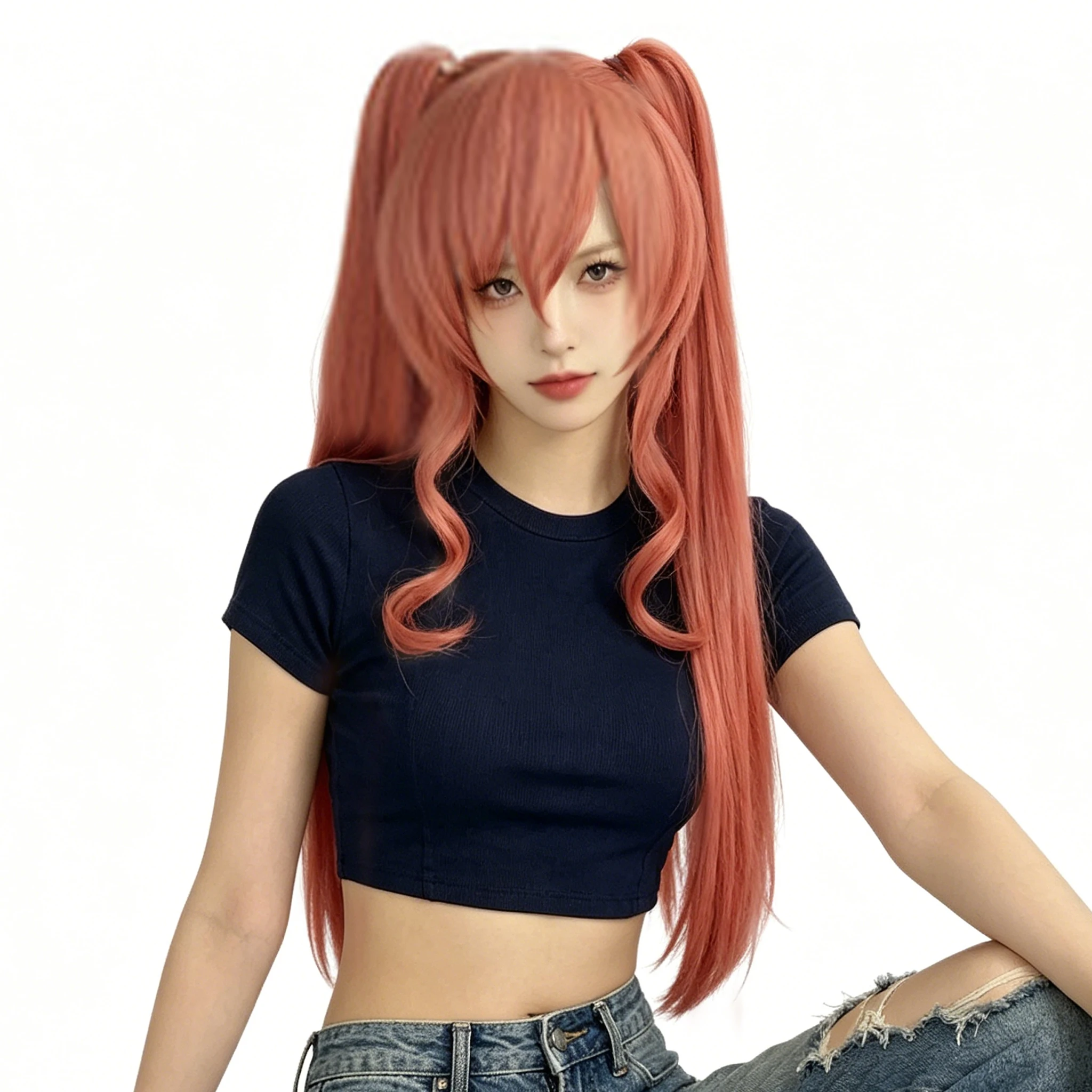 

40 Inch Long Pink Twin Tails Cosplay Wig, Straight Synthetic Hair Heat Resistant with Bangs, for Women Halloween