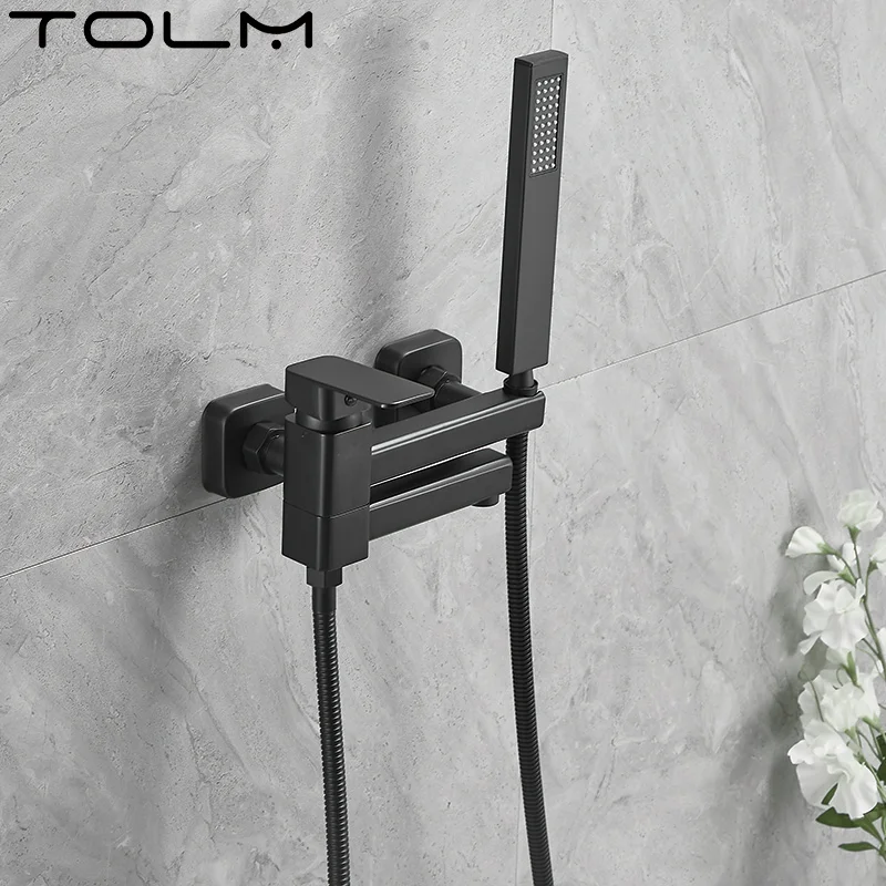 

TOLM Black/White Hand Shower Sprinkler Holder Bathtub Filling Nozzle Integrated Double Hole Single Handle Bathroom Faucet Set