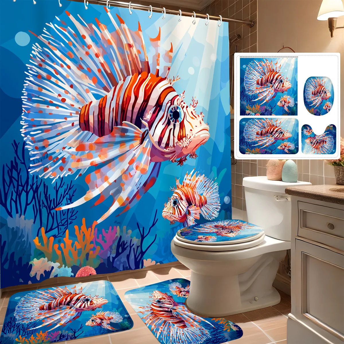 

Набор занавесок для душа из 4 предметов, забавный и красивый дизайн «Рыба-фугу», современный декор для ванной комнаты, в комплект входит 12 крючков, нескользящий коврик для ванной