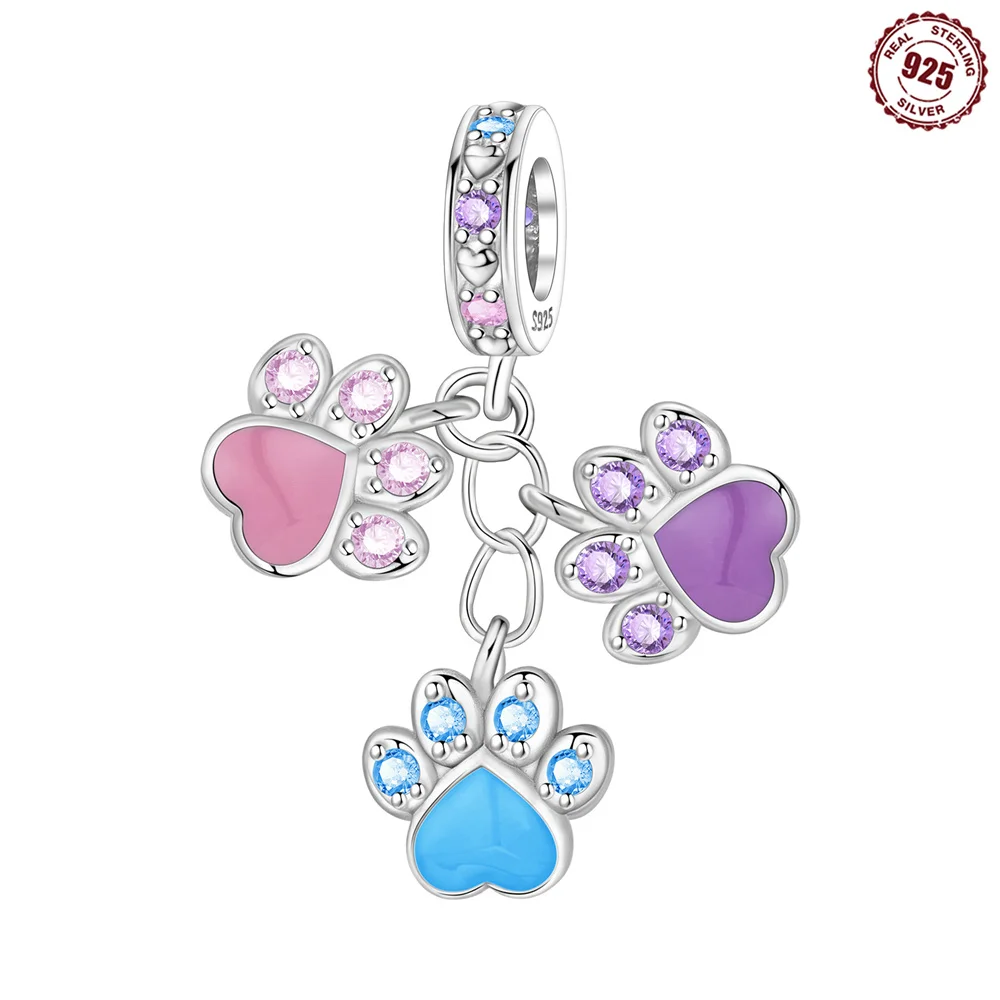 S925 Sterling Silver Three Color Paw Print Charm Pet Cat Dog Paw Pendant Hearts & CZ Crystals Fit Bracelets Jewelry Gift