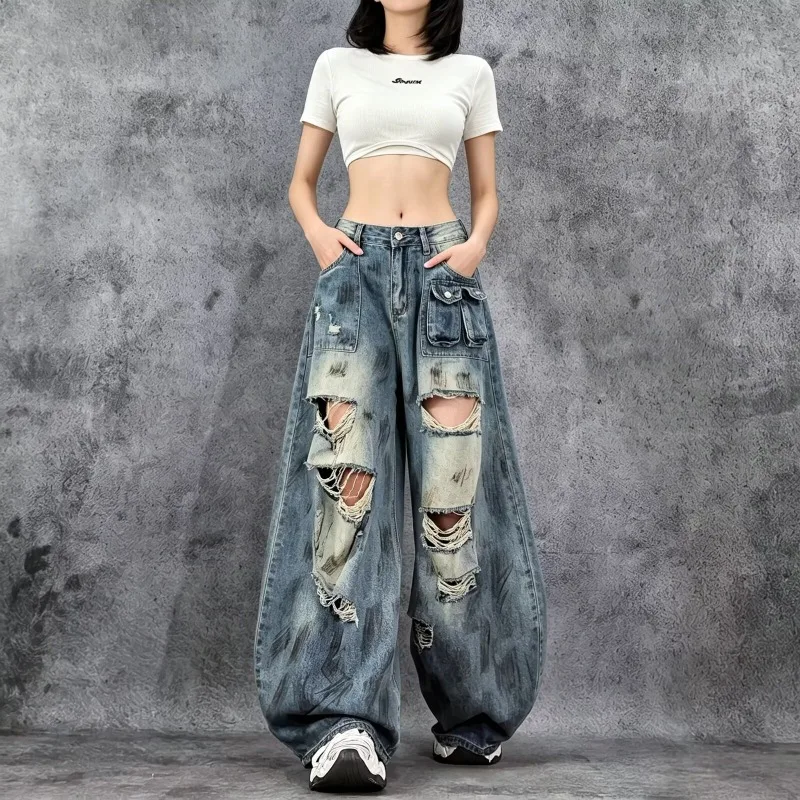 Womens Ripped Jeans Summer Thin Loose Straight Wide Leg Pants American High Street Casual Fashion Denim Trousers