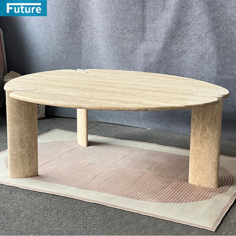 

100% Natural Wabi-sabi Style Beige White Travertine for Hotel Apartment Villa Dining Table with Teardrop Shape Top and 3 Leg