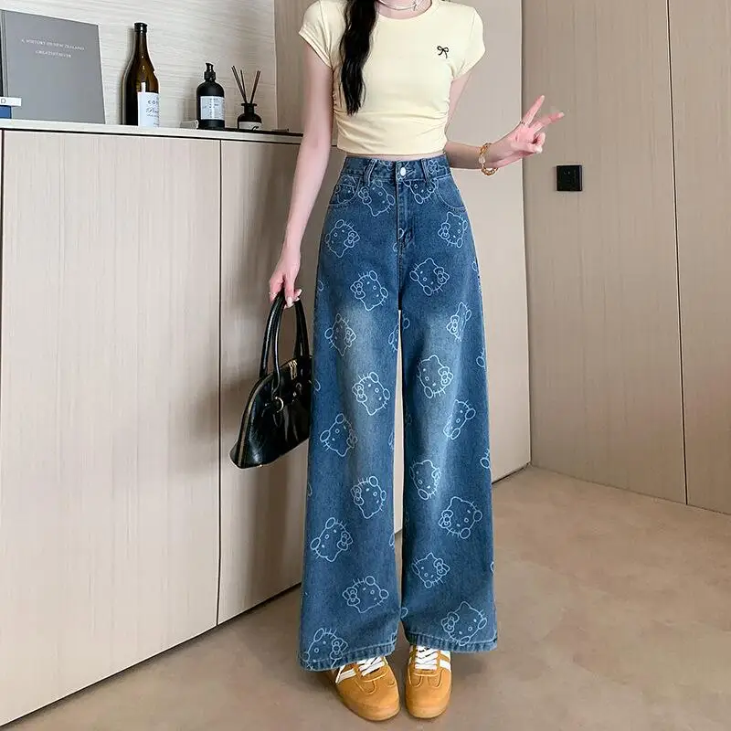 Chaud Sanrio dessin animé imprimé mode Cowboy pantalon 2025 nouvelles femmes quatre saisons conception taille haute goutte jambe droite jambe large pantalon