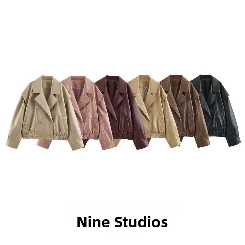 Nine Zar Women's Double-breasted PU Leather Effect Pilot Jacket Coat Top 4391853 Short Length Long Sleeve Winter Outerwear