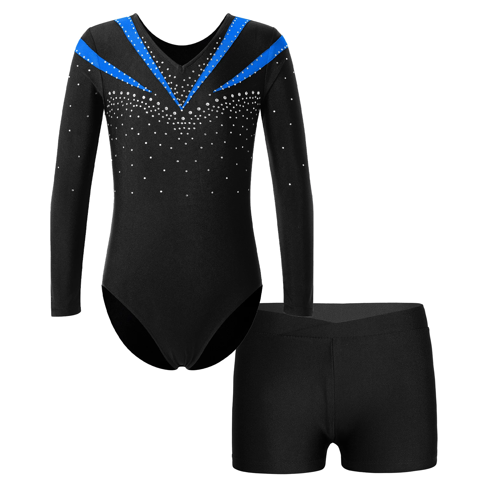 Kids Girls Long Sleeve Shiny Rhinestone Ballet Dance Leotard with V-front Waistband Shorts for Dance Sports Gymnastic Workout