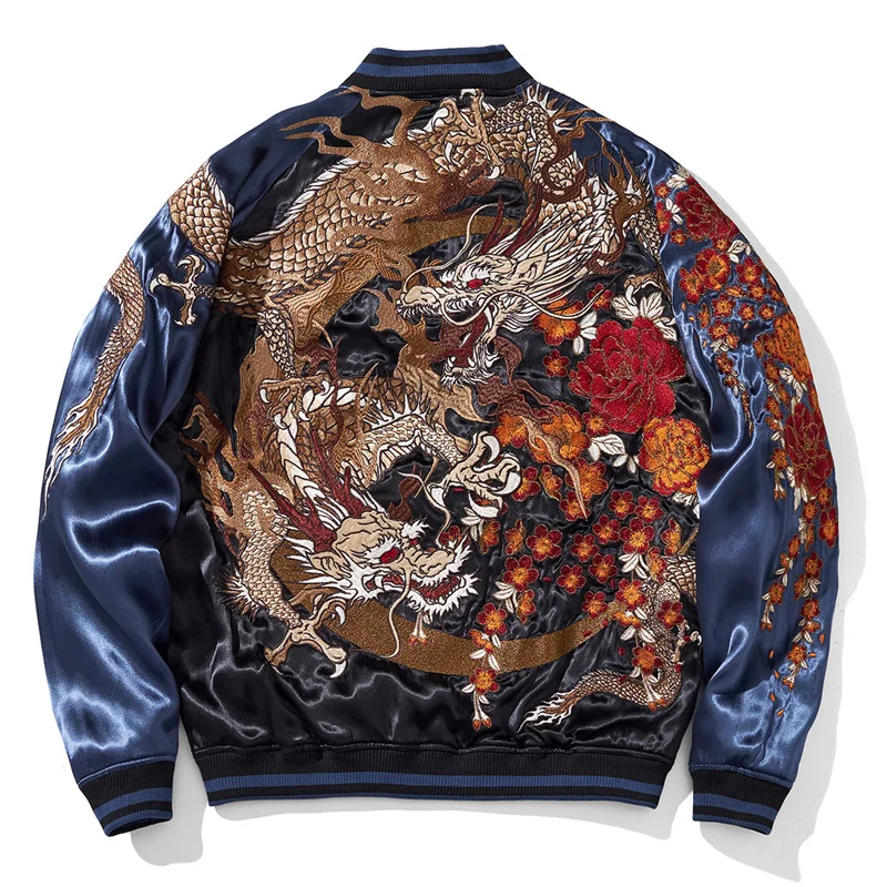 S027 Premium Reversible Jackets For Man Heavy Embroidery Dragon Autumn Quality Satin Comfortable Exquisite Chamarras Para Hombre