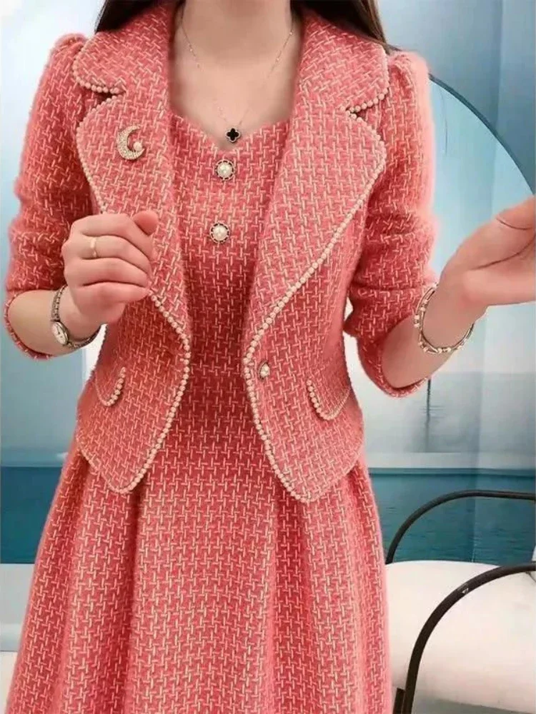 Insozkdg New Arrival Autumn Winter Office Ladies Formal Jacket and Skirt Suit Elegant Women Pink Apricot Two Piece Set Blazer