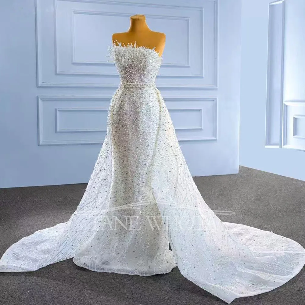 2025 vestido de novia sin tirantes sin mangas con cordones en la espalda tren desmontable vaina perlas con cuentas ajuste personalizado para novias