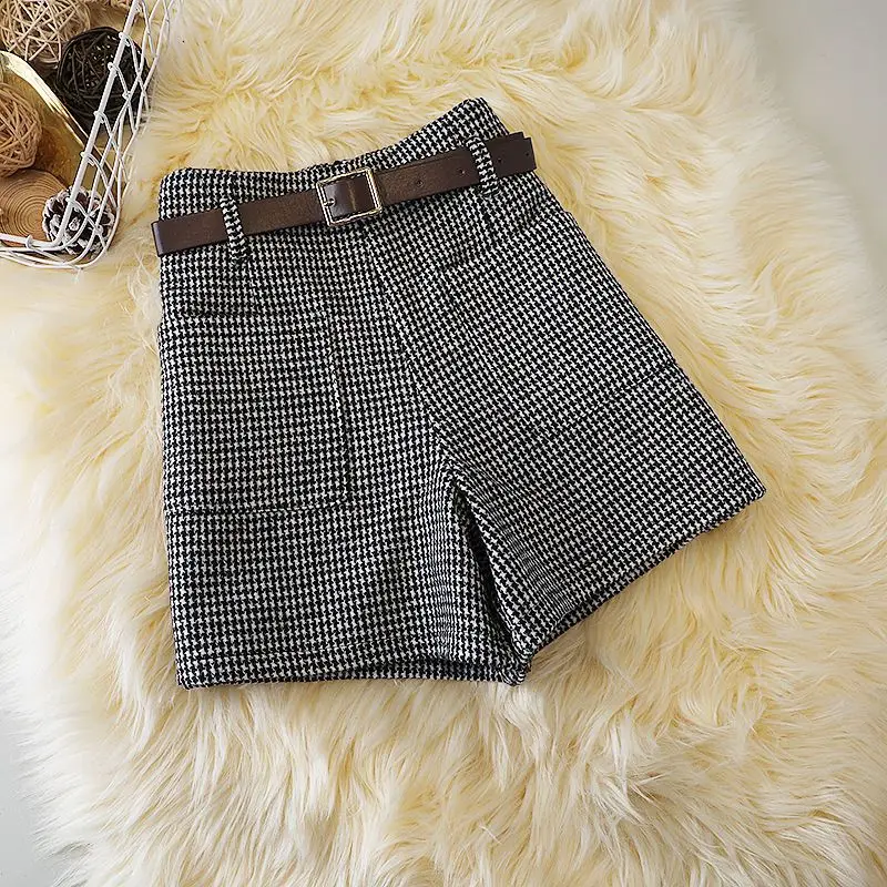 New Houndstooth Pattern Shorts for Women Autumn New High Waist Tweed Bottoms 2024 Fashion All-match A-line Wide Leg Shorts M49