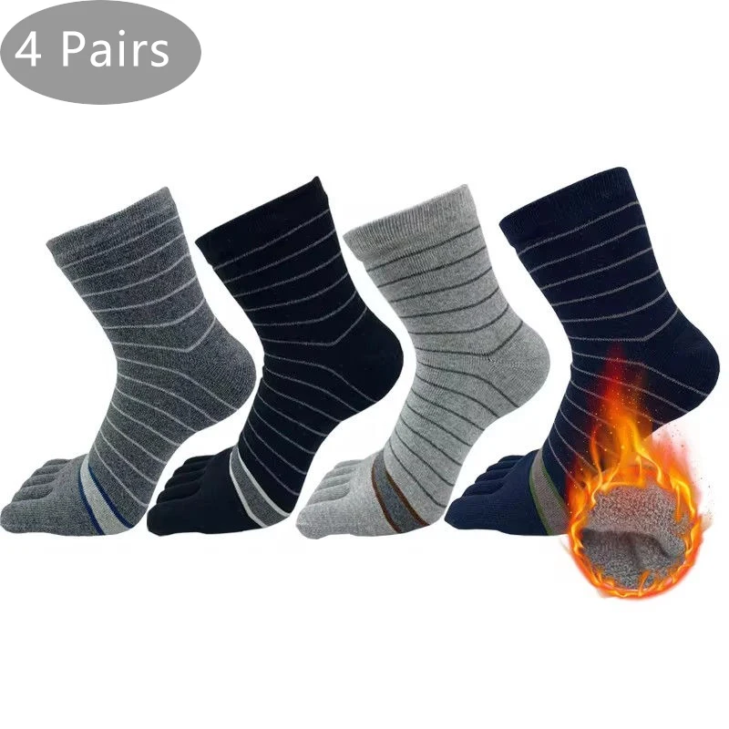 4 Pairs Thick 5 Finger Socks Man Winter Cotton Breathable Warm Business Against Cold Snow Toe Short Floor Terry Socks Thermal