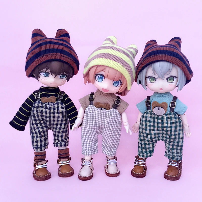 Ob11 Doll Checkered Strap Pants Clothes Little Bear T-Shirt Doll Striped Hat Suit Doll For Molly Gsc Ymy P9 P10 Body Uf Dolls