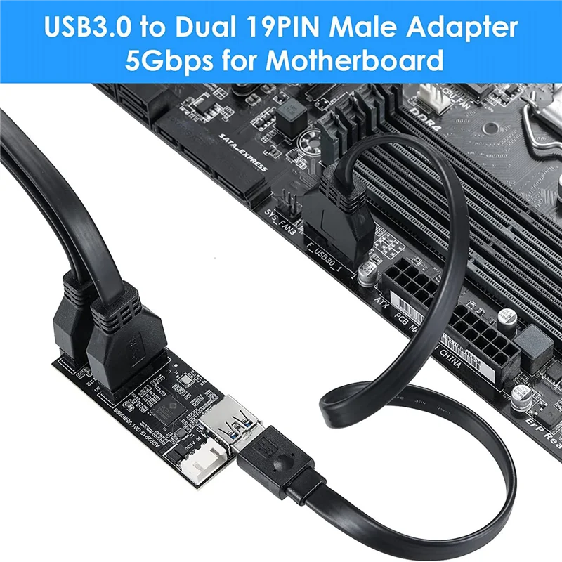 بطاقة محول ذكر USB 3.2 Gen1 إلى Dual 19PIN مصنوعة بشكل جيد، بطاقة توسيع USB3.0 إلى 2 منفذ 19PIN لنظام التشغيل Windows7/8/10/11/Linux