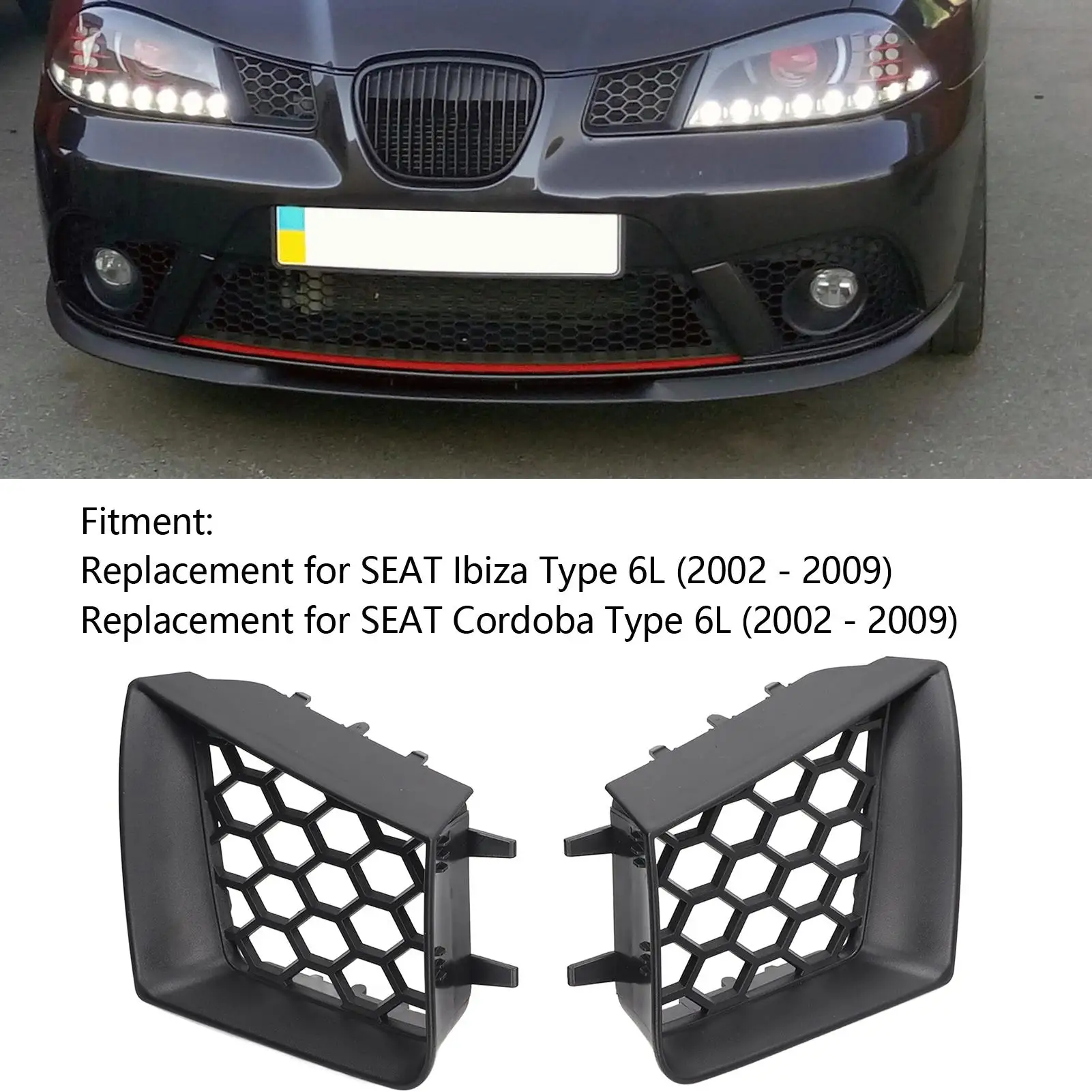 2pcs Front Bumper Upper Grill Left Right Matte Black for Seat Ibiza Cordoba 6L 2002-2009