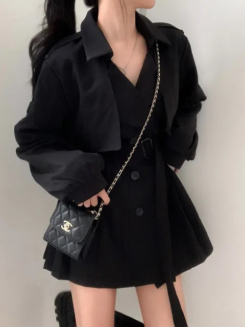 

Slimming Gored Skirt Dr with Double Breasted Waist Cinch And Suit Collar for Women Long Sve Sweet Sle Chinese Made
