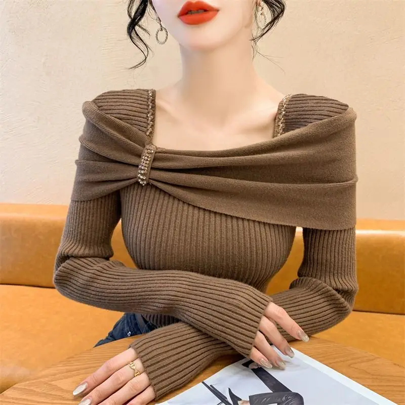 Spring Autumn Solid Color Square Collar Long Sleeve Fashion Sweater Women High Street Casual Slim Korean Style Flares Pullovers