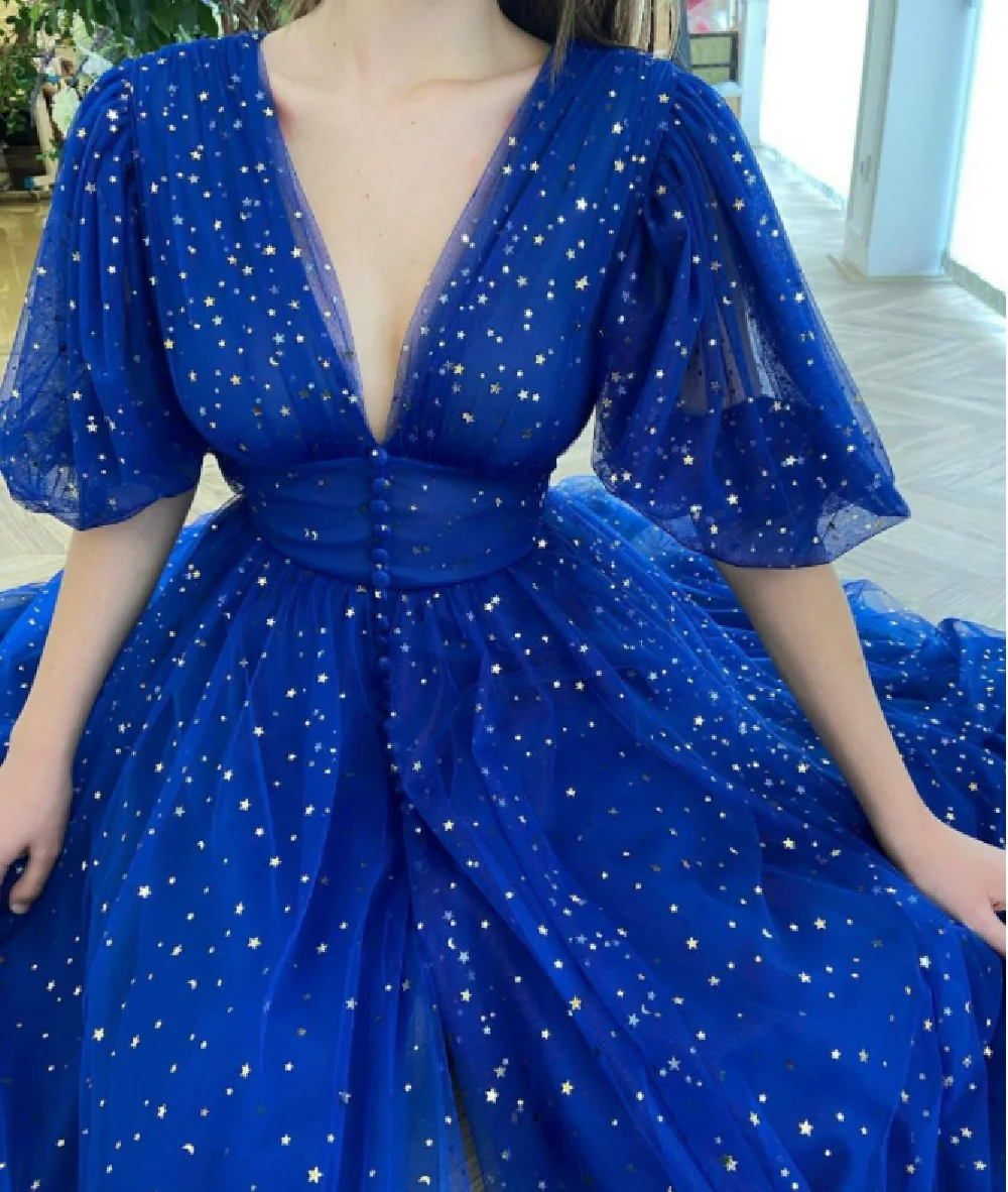 Royal Blue Stary Tulle Midi Prom Dresses Half Sleeves Formal Evening Gowns V-Neck Buttons Slit Wedding Party Dress