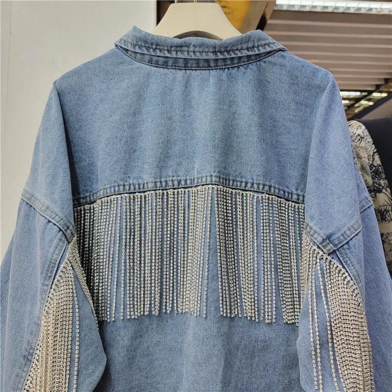 Women Spring Diamonds Beads Tassels Denim Coat Rhinestones Fringed Loose Jeans Jacket Crystal Cowboy Bomber Cardigan 2024