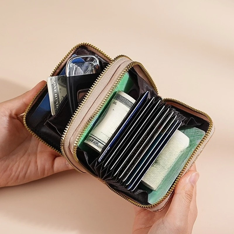 Tarjetero de acordeón con doble cremallera y ranura para múltiples tarjetas, bolso de identificación de gran capacidad, cartera brillante estrellada de PU a la moda para mujer