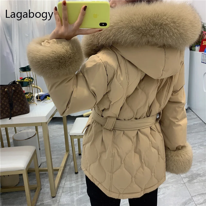 

Winter Women Real Fox Fur 90% 2023 White Duck Down Coat Female Thick Hooded Puffer Jacket With Natural Fox Cuffs Parkas