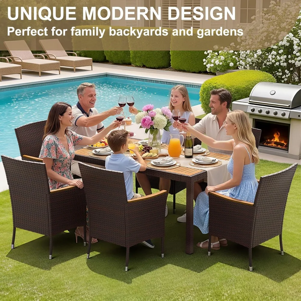 

Dining 7 PCS Furniture, Patio Conversation Set with Acacia Wood Table Top, Outdoor, Beige Cushion and Brown Rattan, Customized