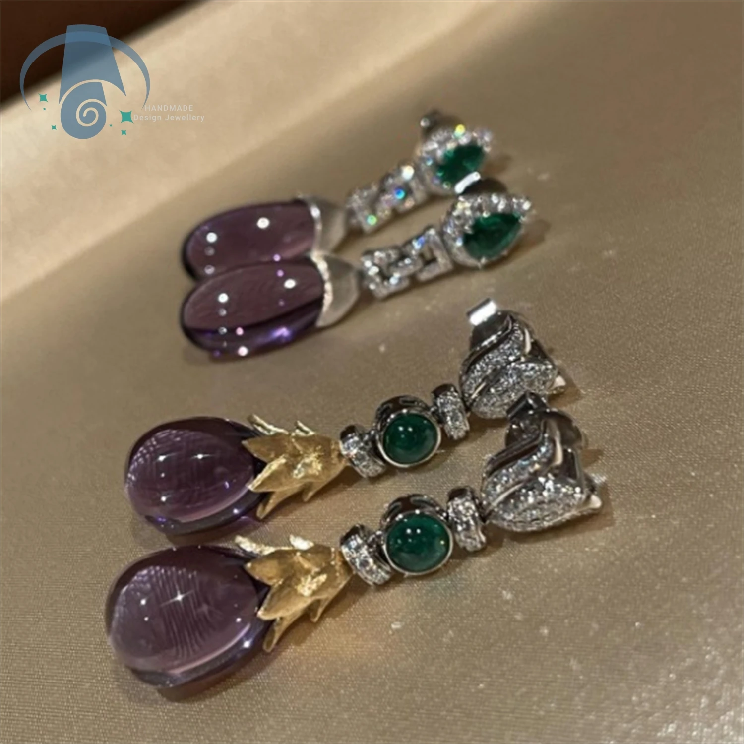 Luxury Purple Crystal Imitation Jade Earrings High End Flash Zircon Sparkle Studs for Women Party Club Daily Wear Fashion