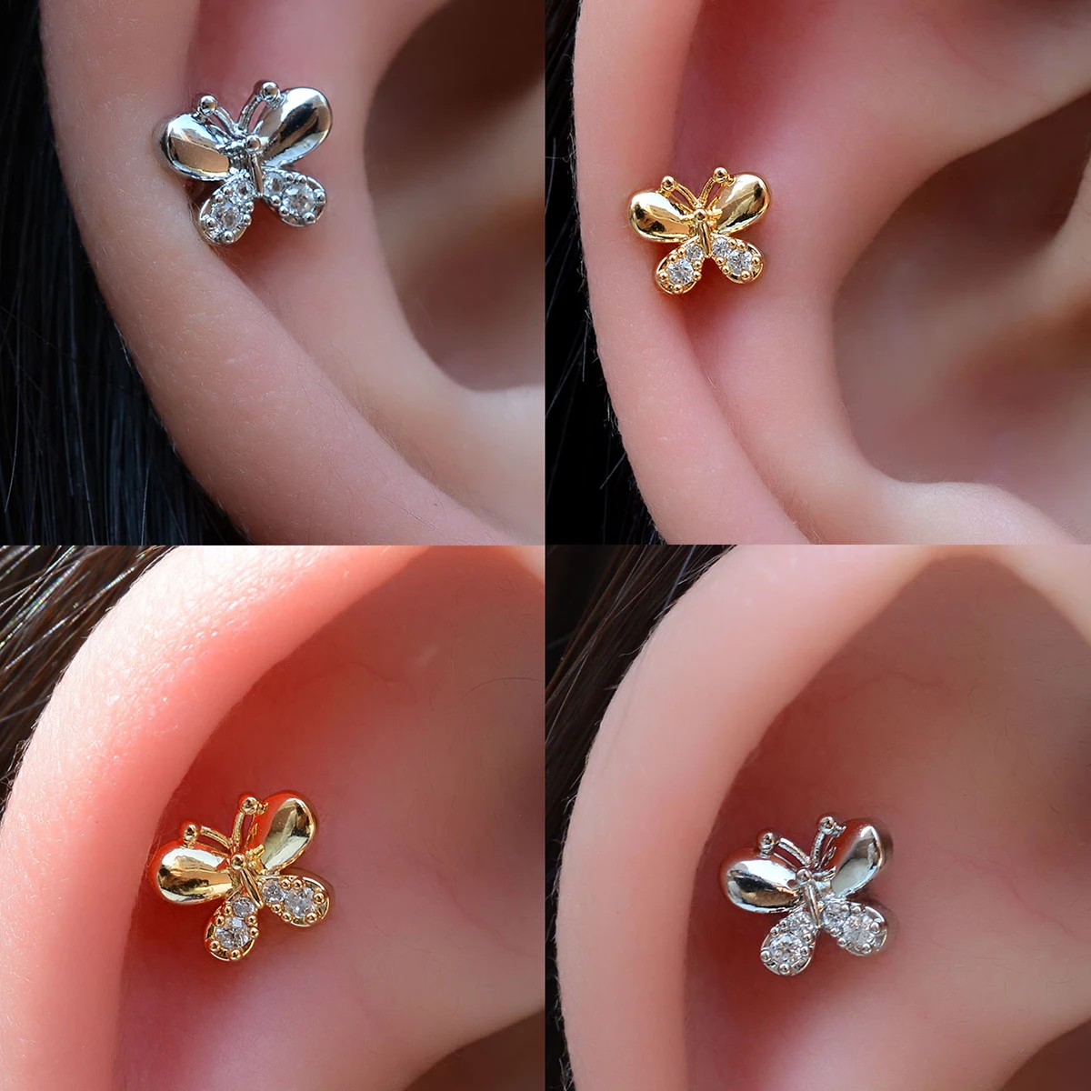 1 Stück 20G Winziger Kristall-Schmetterling Knorpel-Ohrstecker aus Edelstahl mit Zirkonia für Conch, Rook, Tragus, Damen Flachpiercing-Schmuck – Detail 3