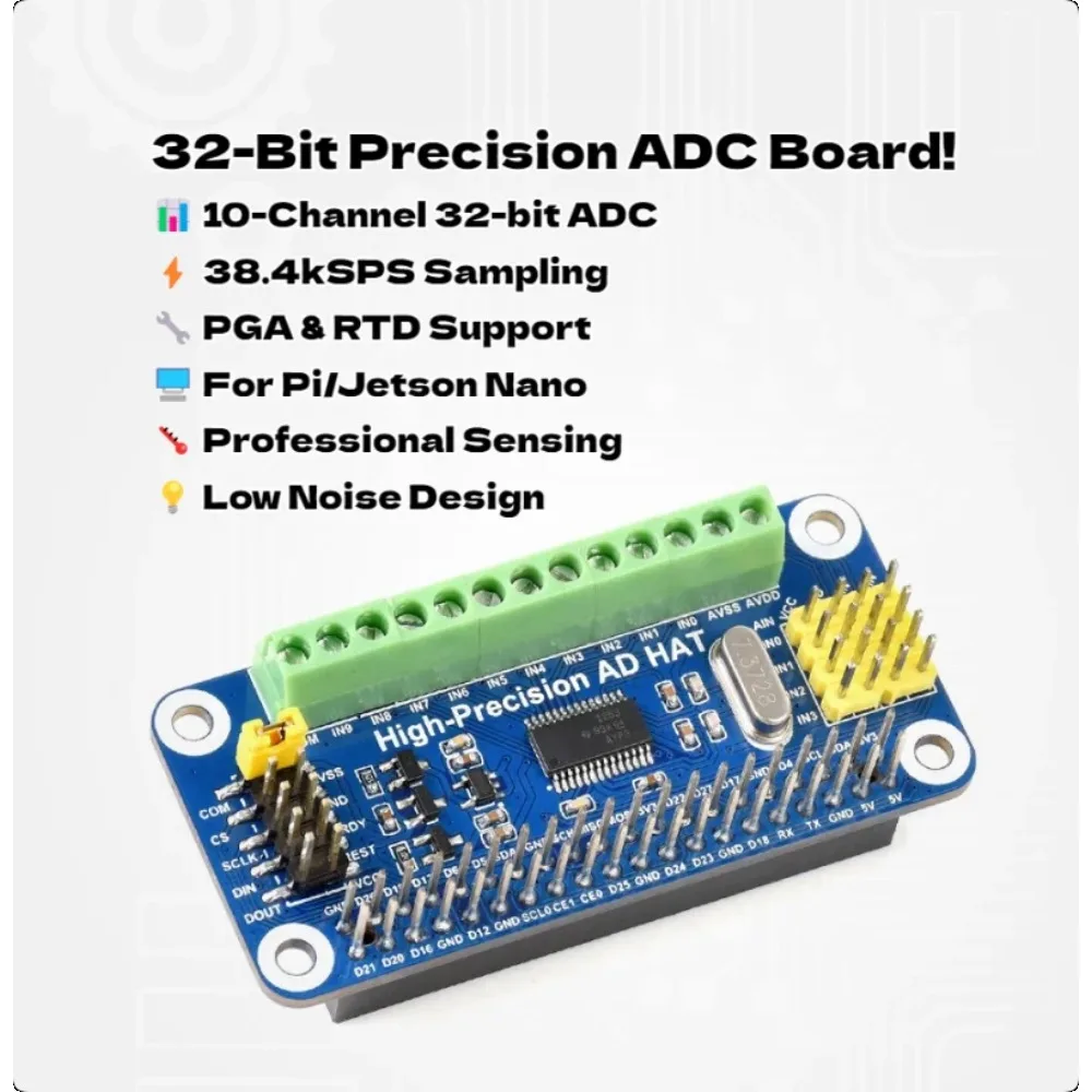 AvaCoreRaspberry Pi 32-Bit High Precision ADC Expansion Board - 10-Channel ADS1263 With 38.4kSPS, PGA & RTD Support For Pi/Jetso